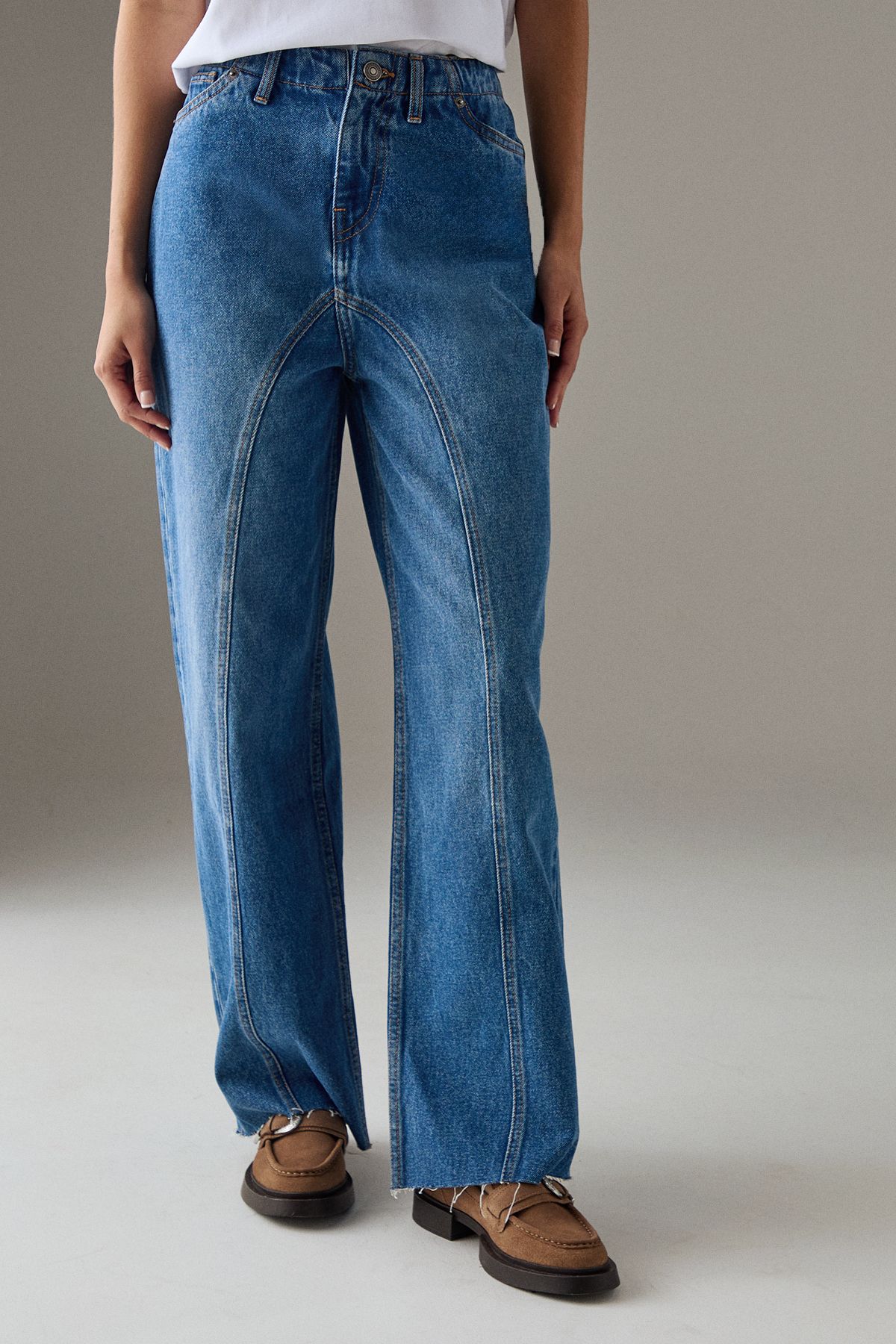 Warehouse Washed Raw Waist Seam Detail Denim Dad Jean Mid Wash