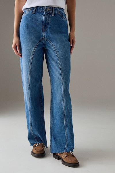 Warehouse Washed Raw Waist Seam Detail Denim Dad Jean Mid Wash