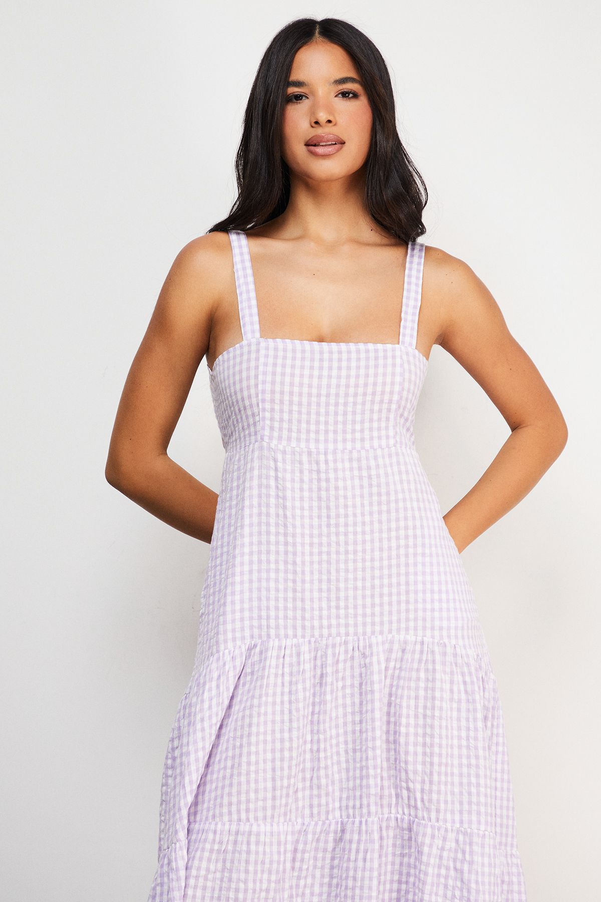 Warehouse Seersucker Check Strappy Tie Back Tier Midi Sundress Lilac image 4