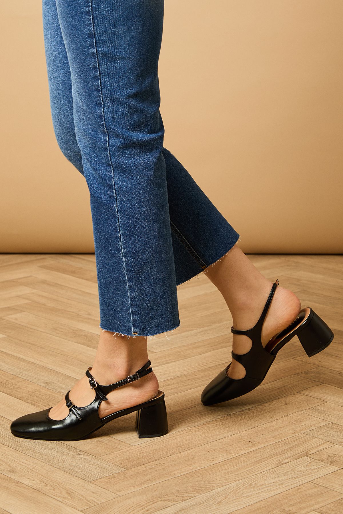 Oasis Imorina Faux Leather Double Mary Jane Slingback Medium Block Heeled Shoes Black image 1