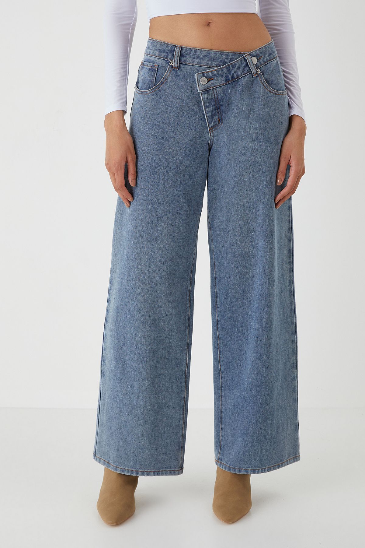 MissPap Asymmetric Wide Leg Washed Denim Jeans Mid Wash image 2