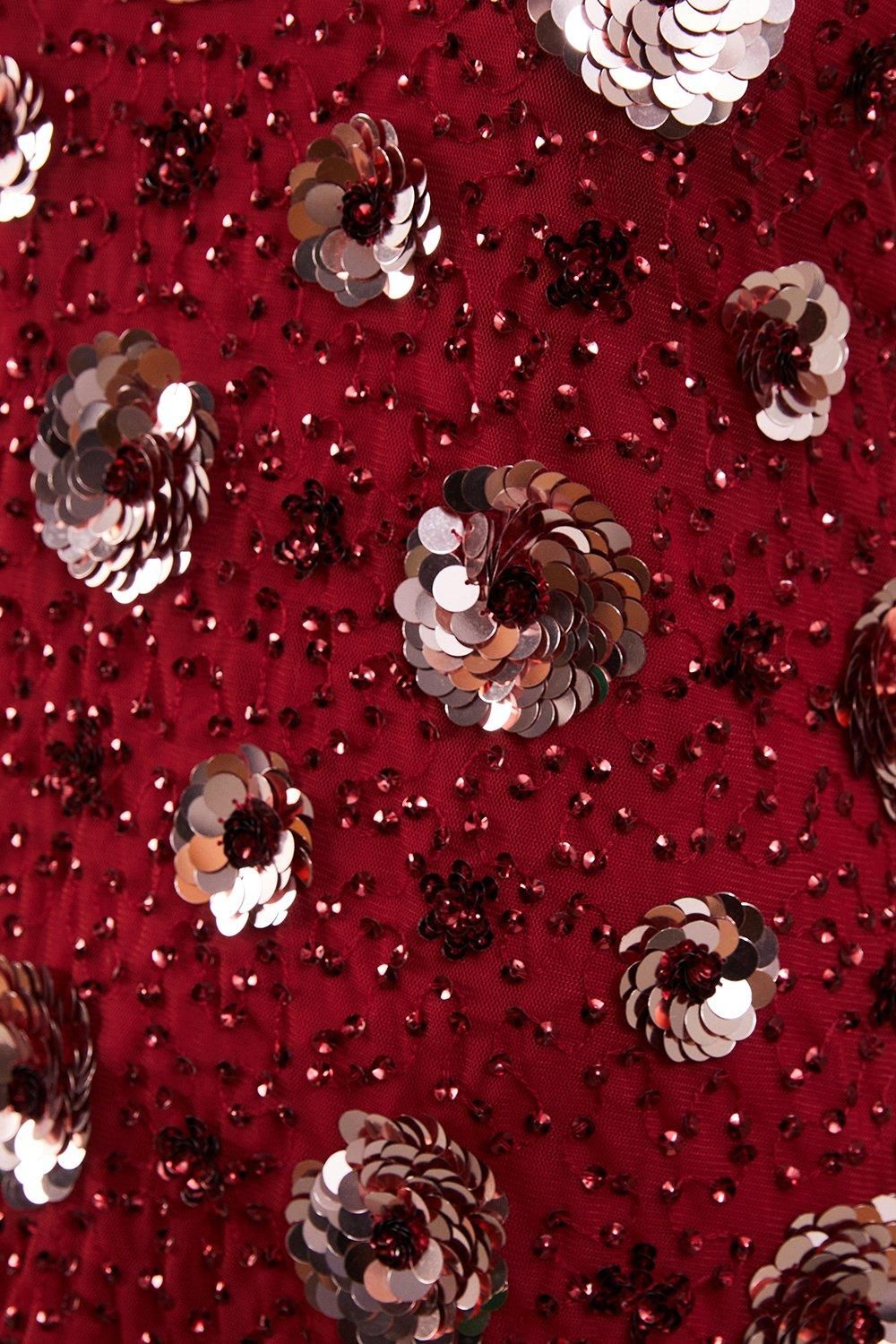 Warehouse Premium Rose Hand Embellished Sequin Racer Mini Dress Red image 5