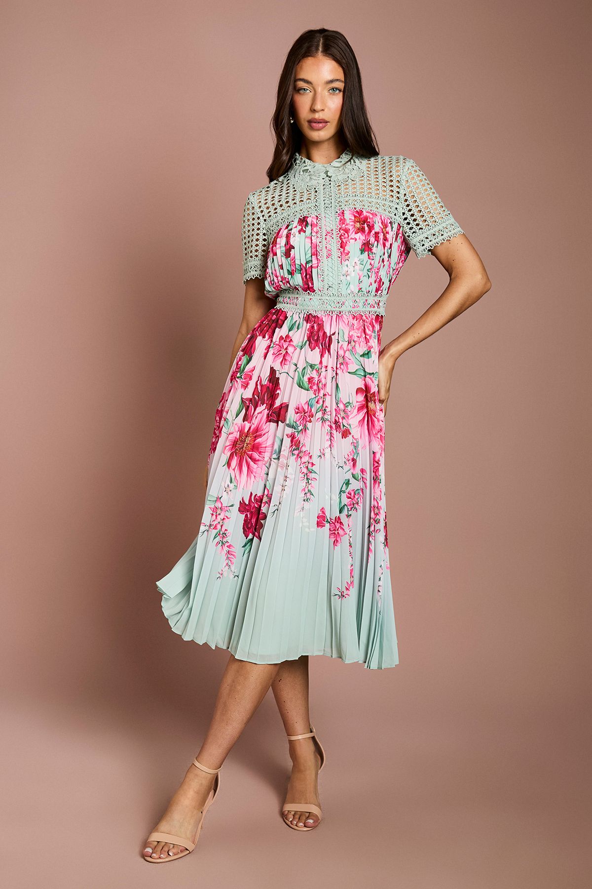Coast Lisa Tan Lace Pleated Printed Midi Dress Sage image 1