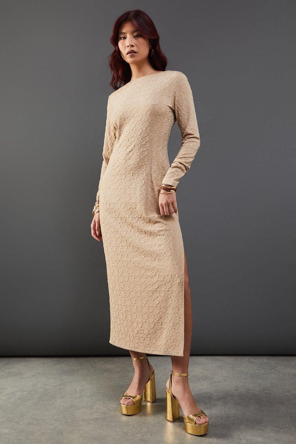Warehouse Jersey Jacquard Slash Neck Scoop Back Midi Dress Taupe image 1