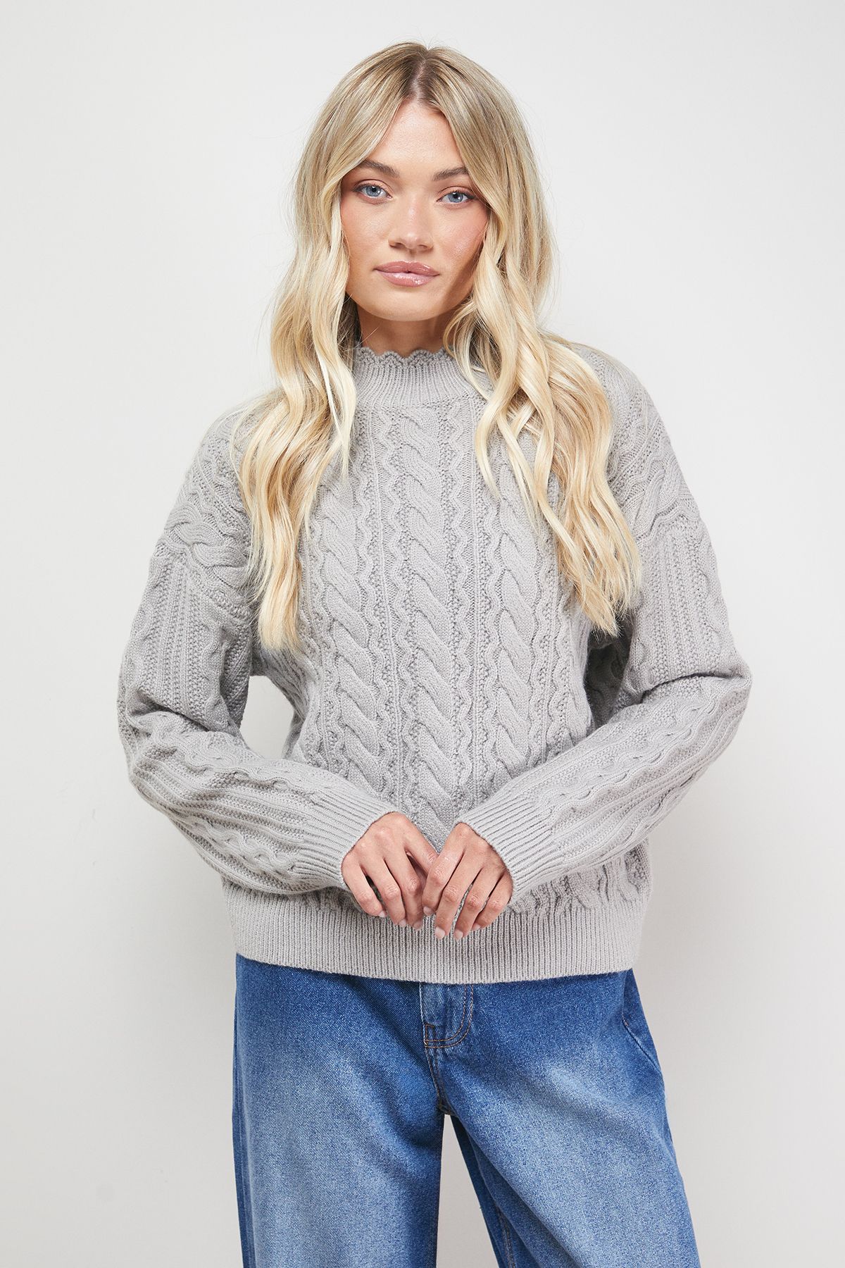 Oasis Wavy Cable Detail Scalloped Neck Jumper Grey image 3