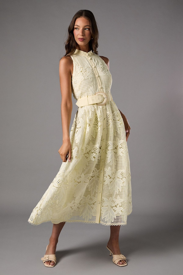 Coast Belted Sleeveless Cutwork Lace Midi Dress Lemon