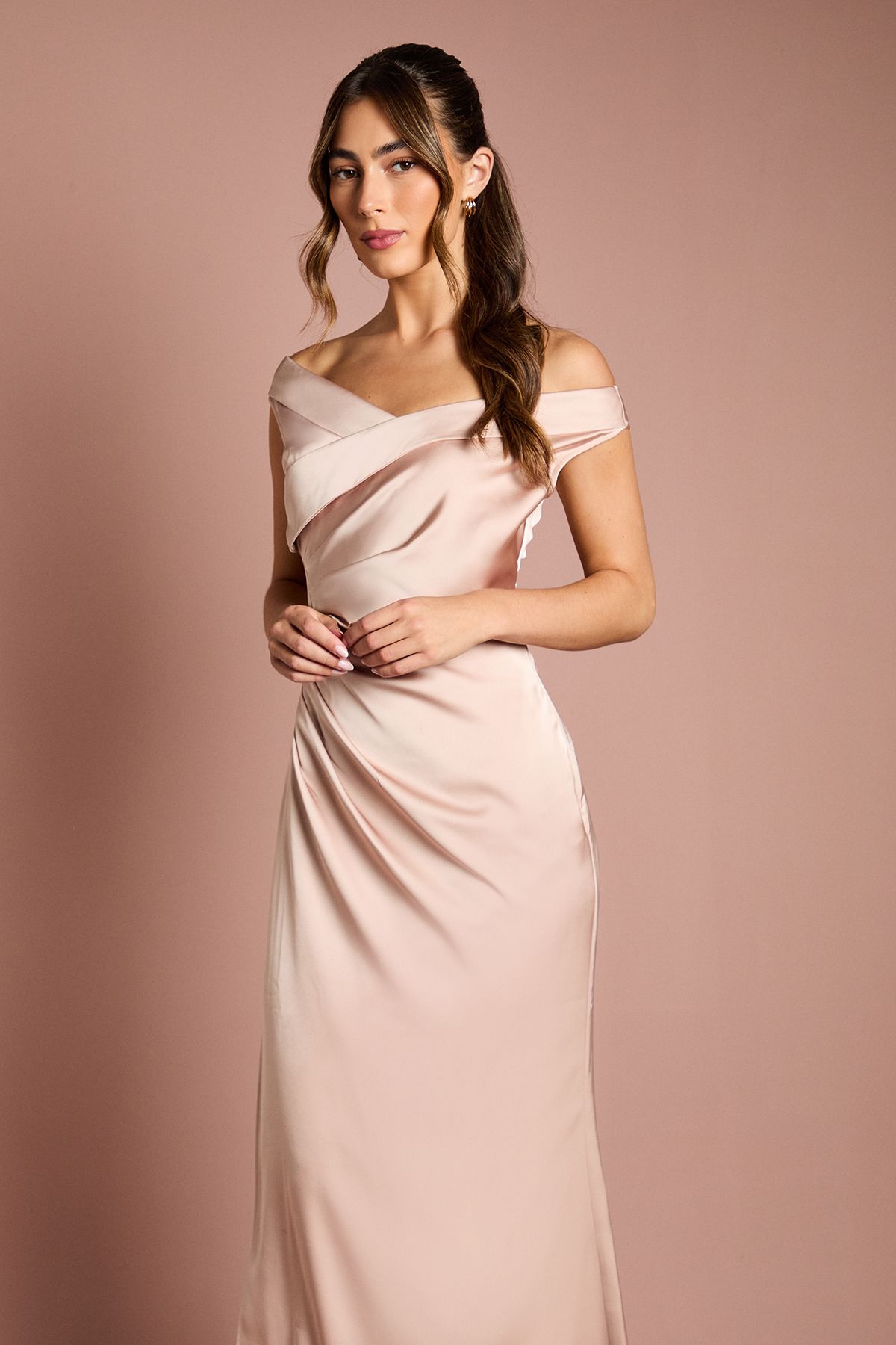 Coast Satin Bardot Bridesmaid Maxi Dress with Waist Ruching Detail Mocha image 2
