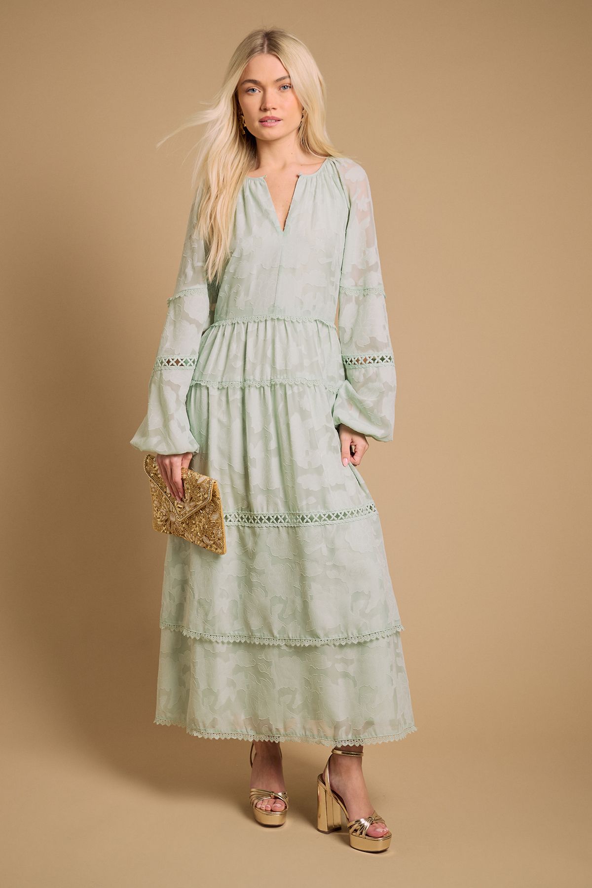 Oasis Lace Detail Smock Maxi Dress Green