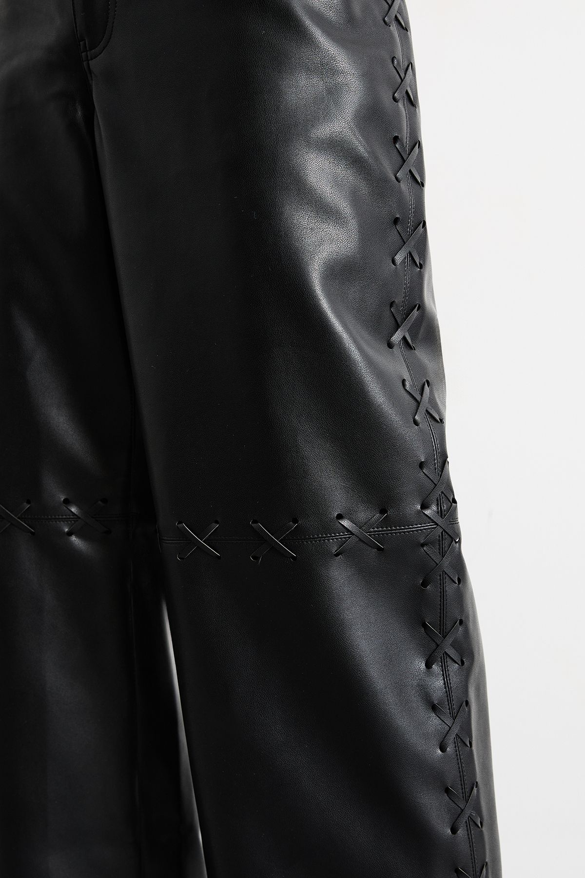 Warehouse Faux Leather Whipstitch Detail Straight Leg Trouser Black image 4