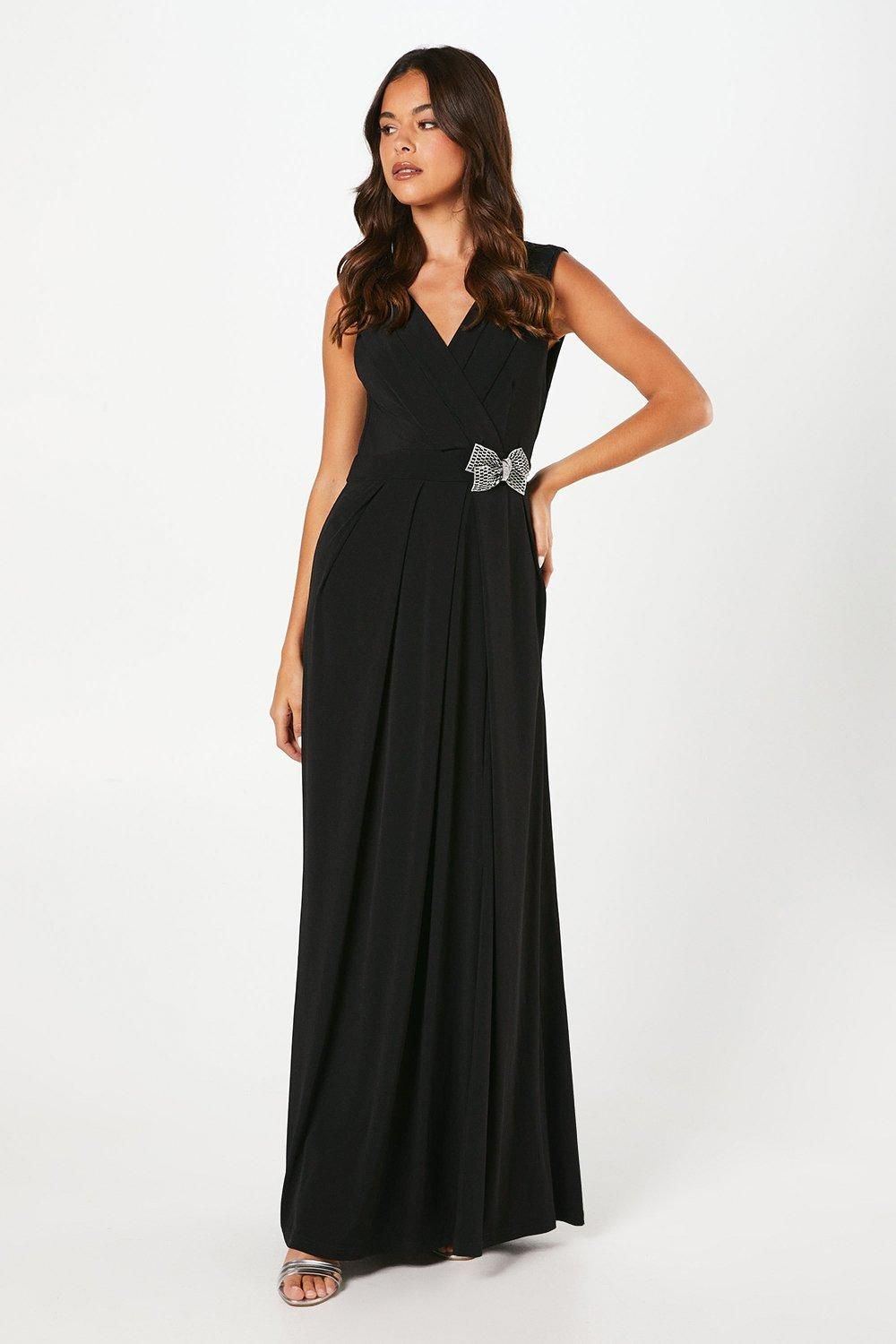 Coast Stretch Jersey Pleated Bodice Maxi Dress With Diamante Brooch Black image 1