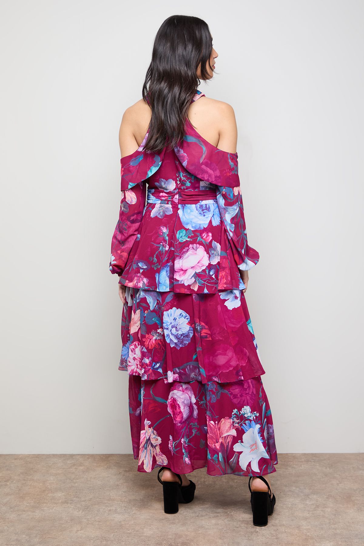Oasis Printed Halterneck Off The Shoulder Tiered Maxi Dress Floral image 3