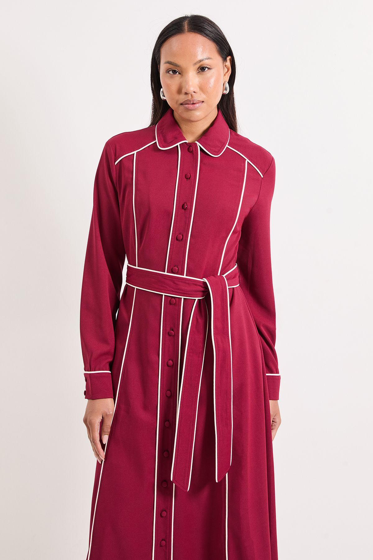 Principles Contrast Piping Detail Collared Midi Shirt Dress Berry image 4