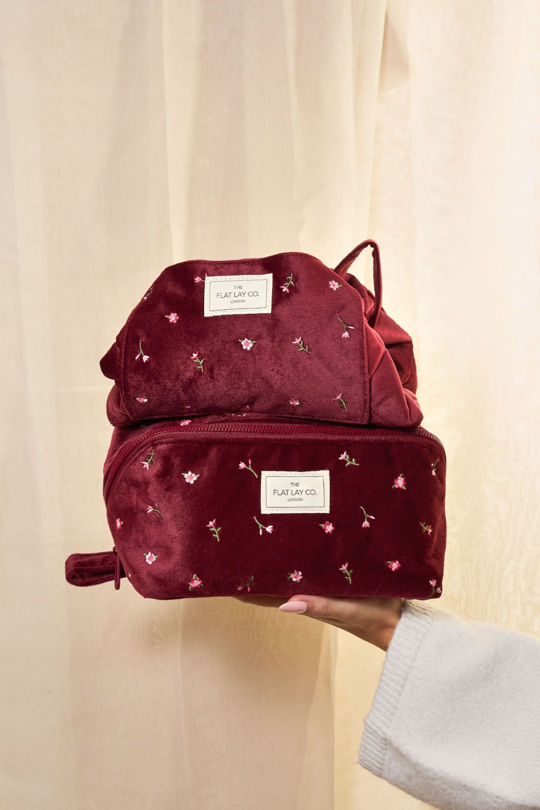 The Flat Lay Co Drawstring Makeup Bag - Ditsy Roses & Flowers Burgundy Embroidered Velvet Multi image 2