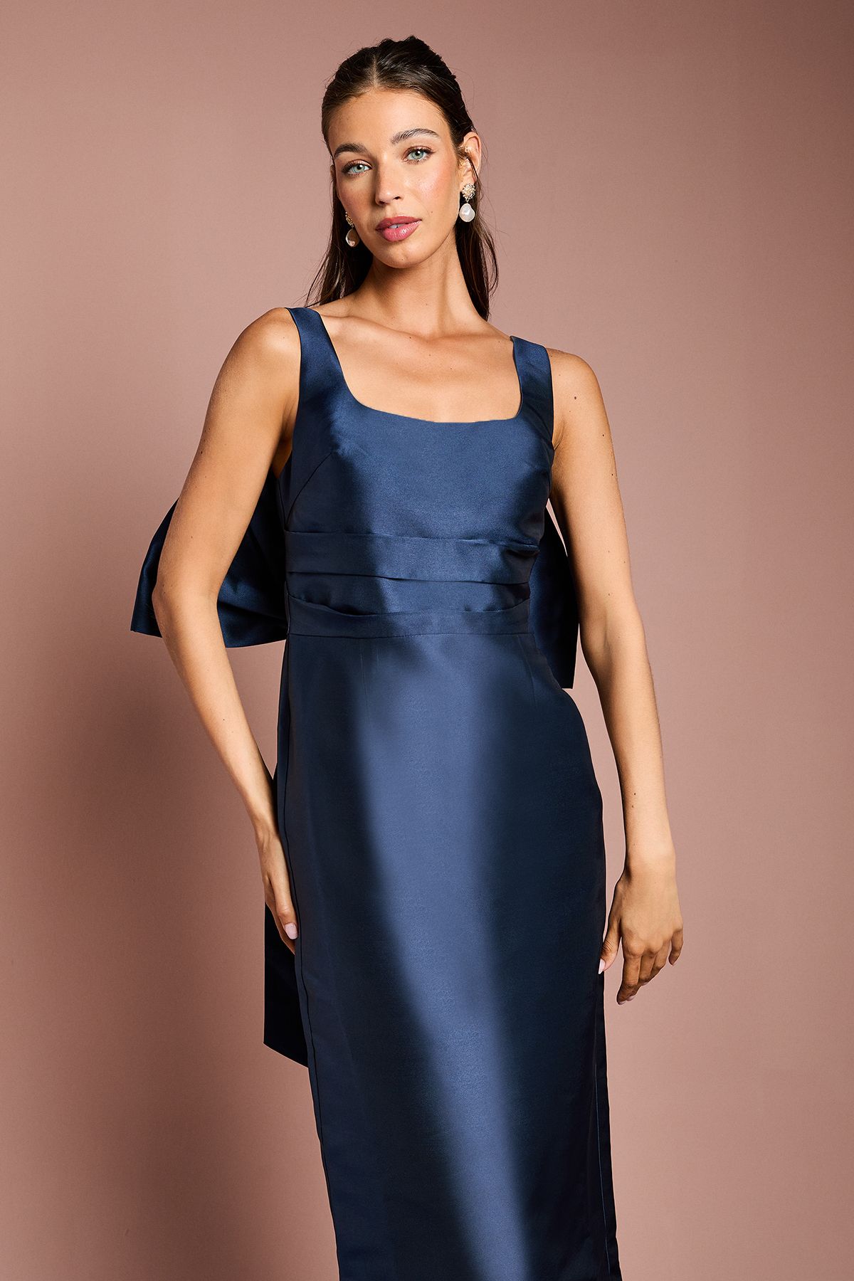 Coast Twill Sleeveless Column Bridesmaid Dress with Statement Bow Back Navy image 2