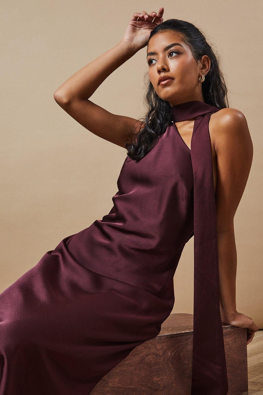 Oasis Petite Occasion Tie Bias Maxi Dress Chocolate image 2