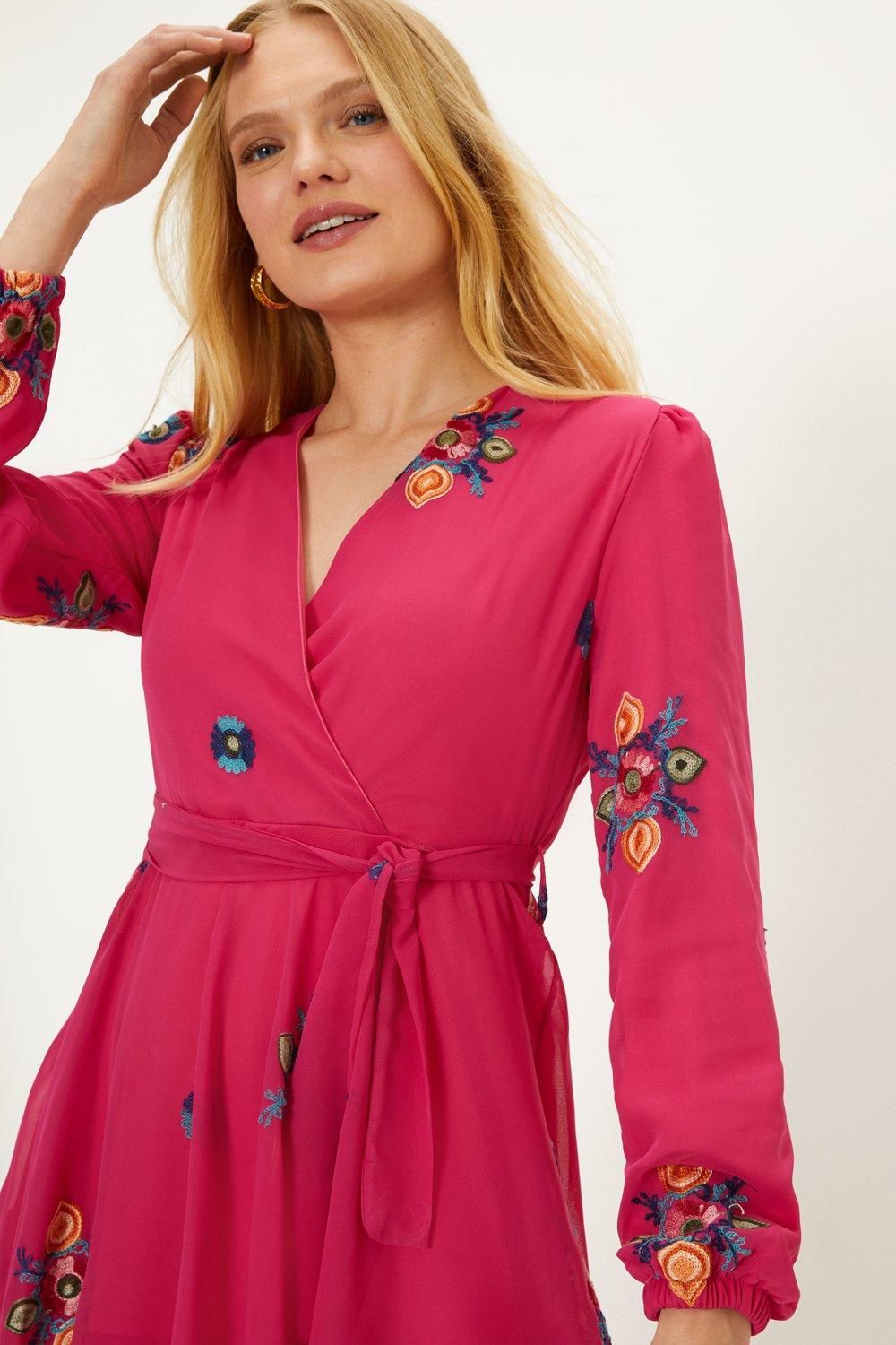 Oasis Embroidered Tiered Ruffle Wrap Midi Dress Pink image 2