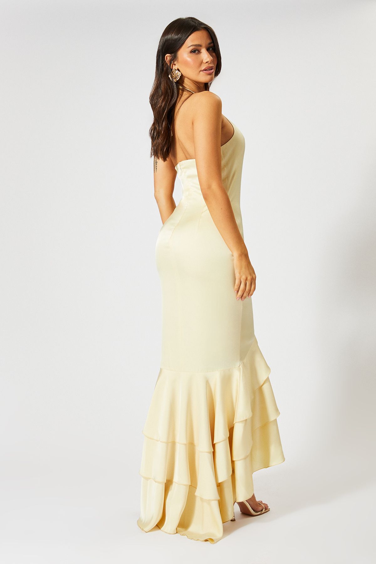 MissPap Satin Frill Hem Hater Neck Maxi Dress Yellow image 4