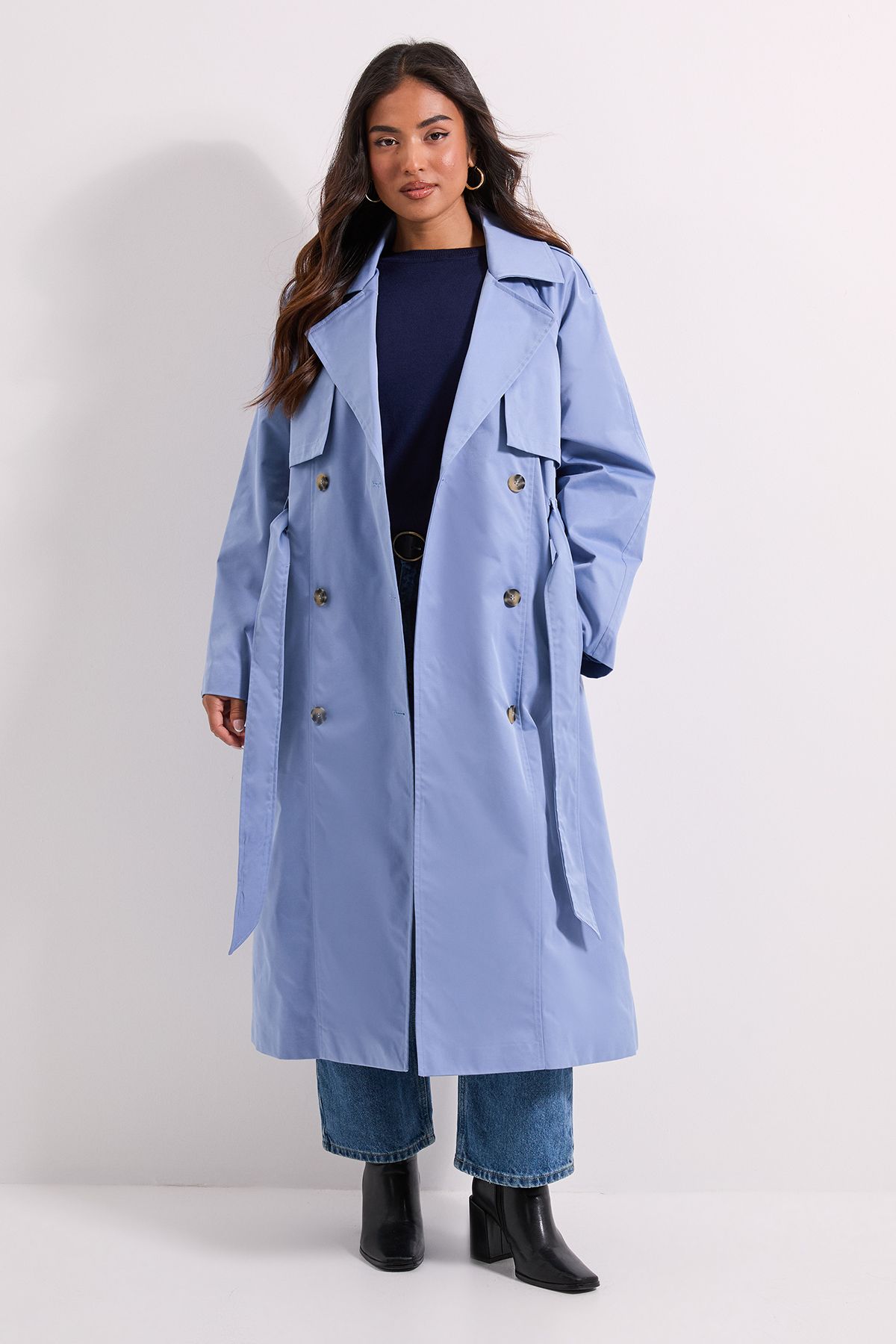 Dorothy Perkins Petite Longline Double Breasted Belted Trench Coat Light Blue image 1