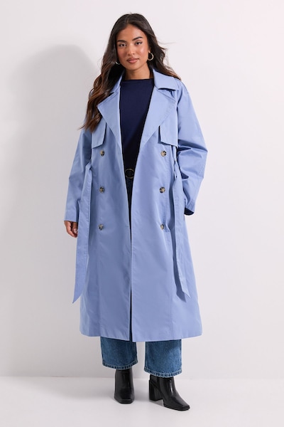 Dorothy Perkins Petite Longline Double Breasted Belted Trench Coat Light Blue