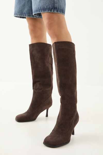MissPap Faux Suede Square Toe Stiletto Heel Knee Boots Dark Brown