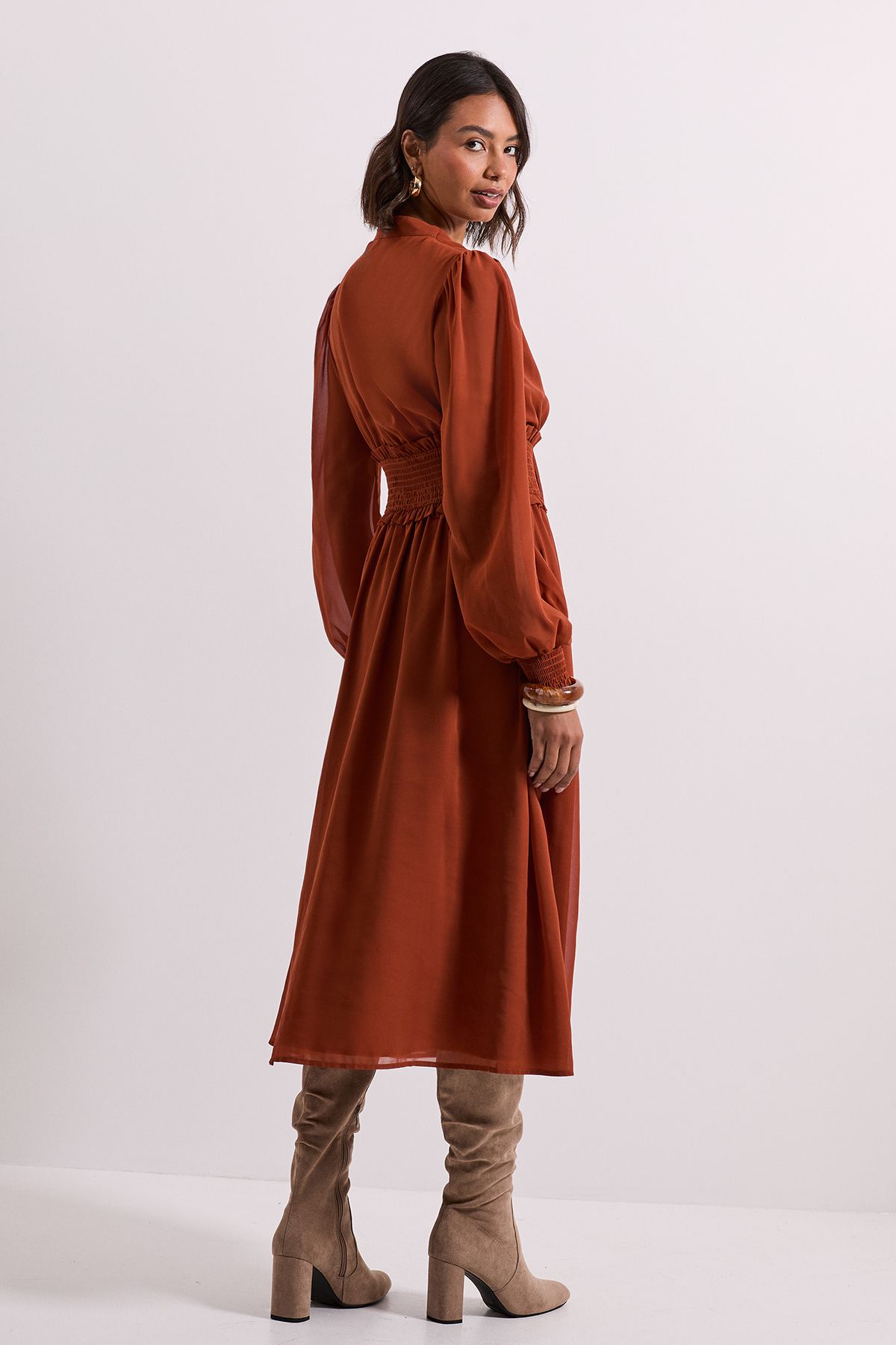 Dorothy Perkins Bow Tie Neck Detail Shirred Waist Midi Dress Brown image 3