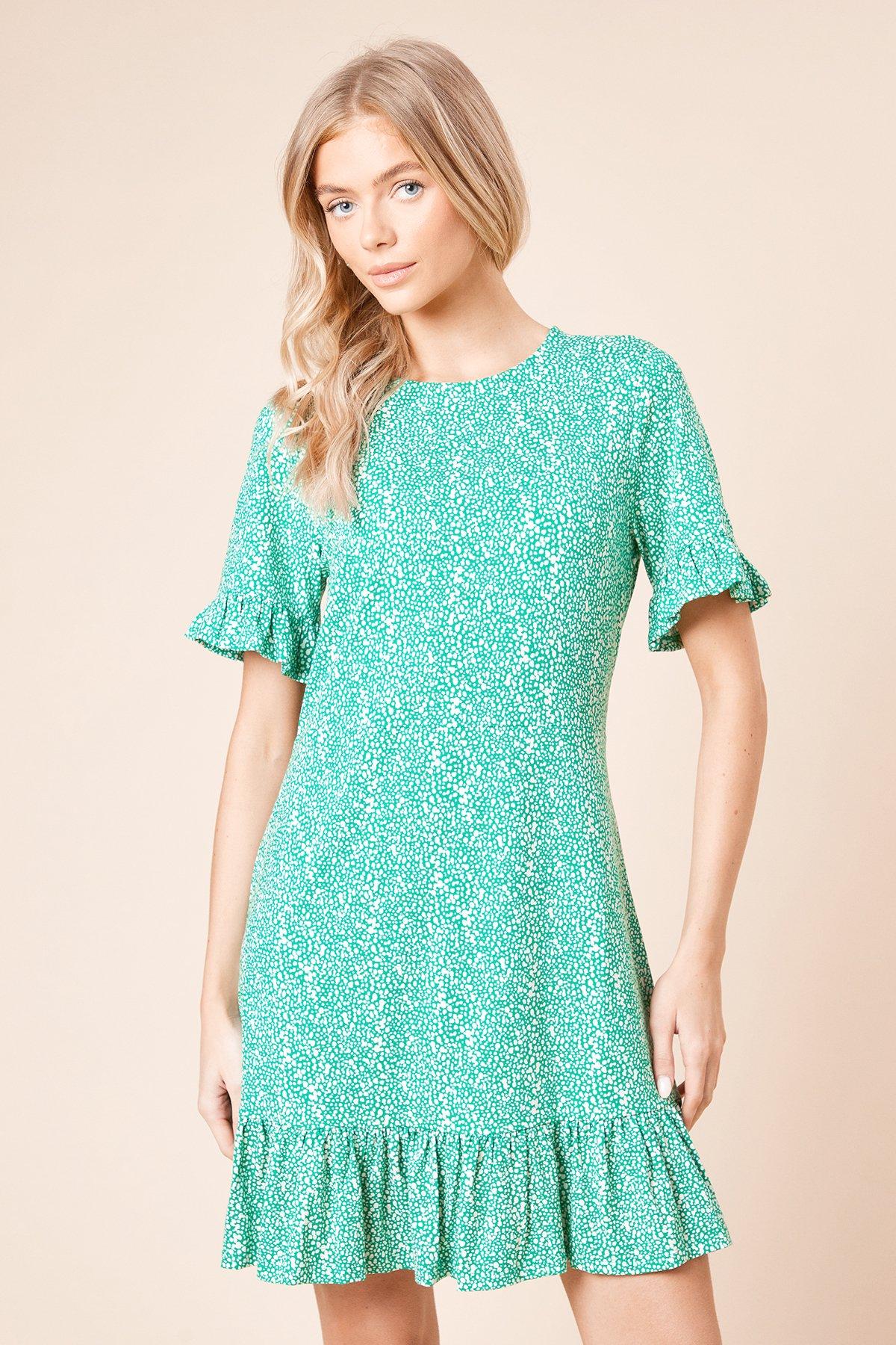 Dorothy Perkins Short Sleeve Green Spot Frill Hem Mini Dress Green image 2