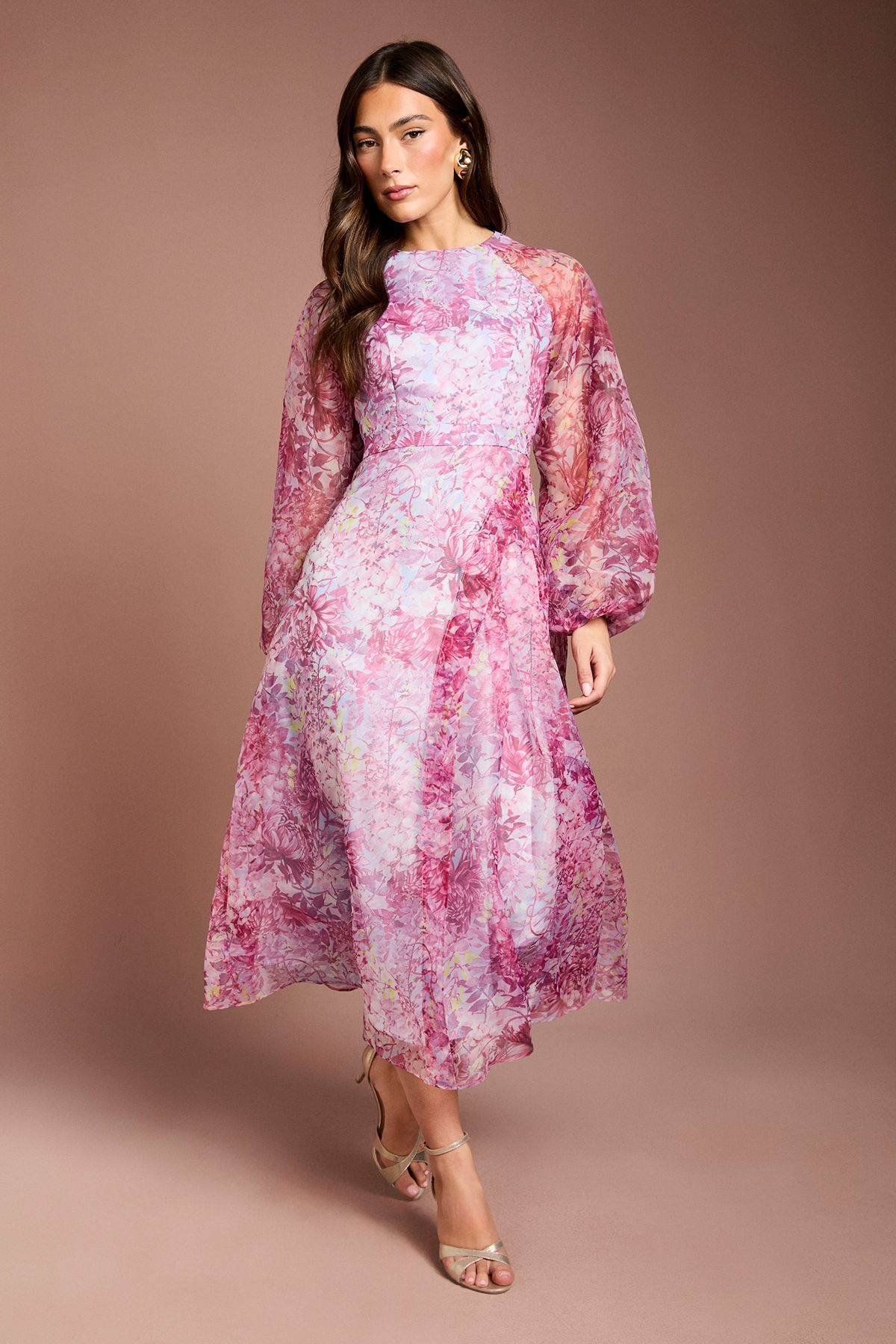 Coast Organza Wrap Waist Puff Sleeve Midi Dress Purple