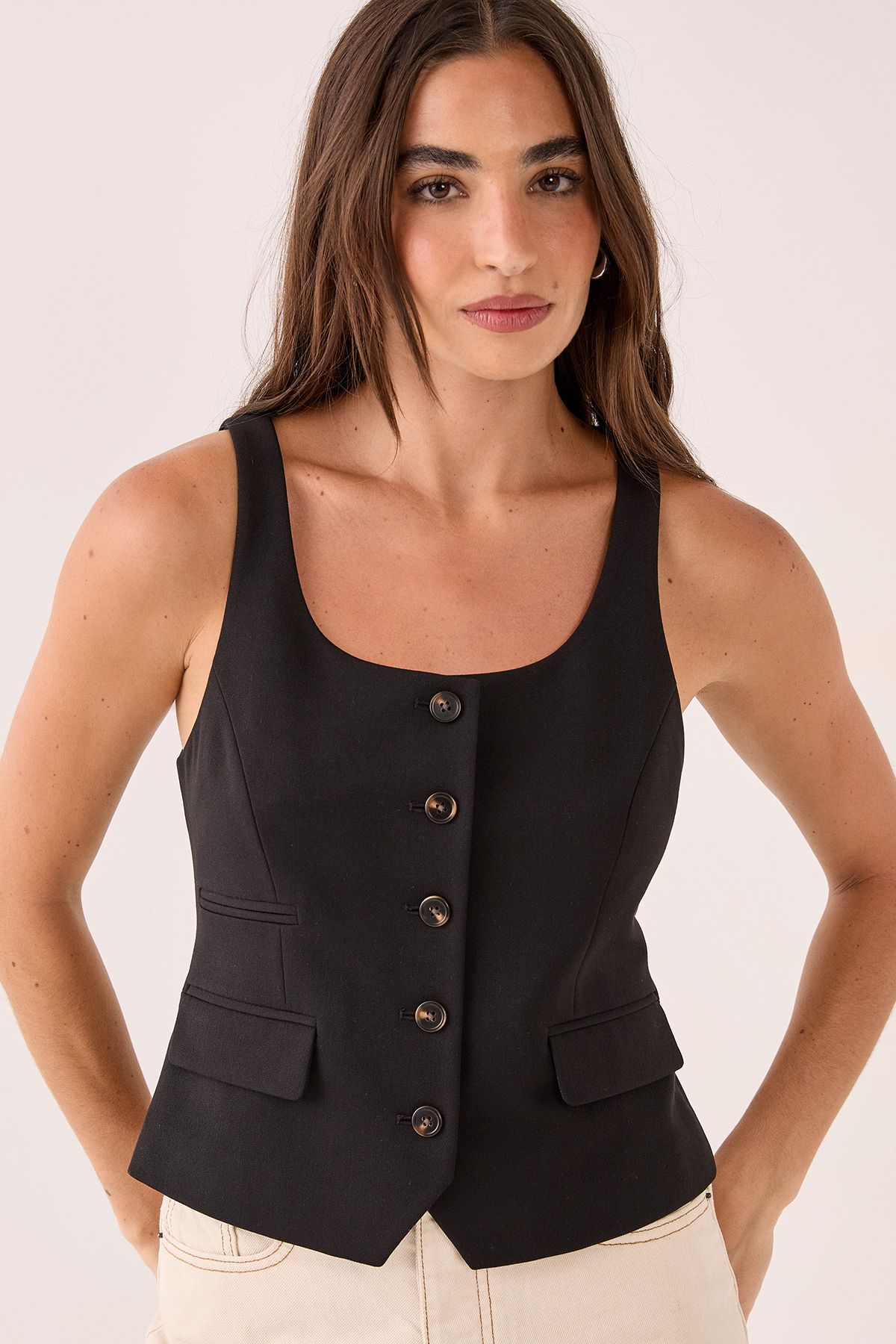 NastyGal Tailored Scoop Neck Button Through Waistcoat Black image 3