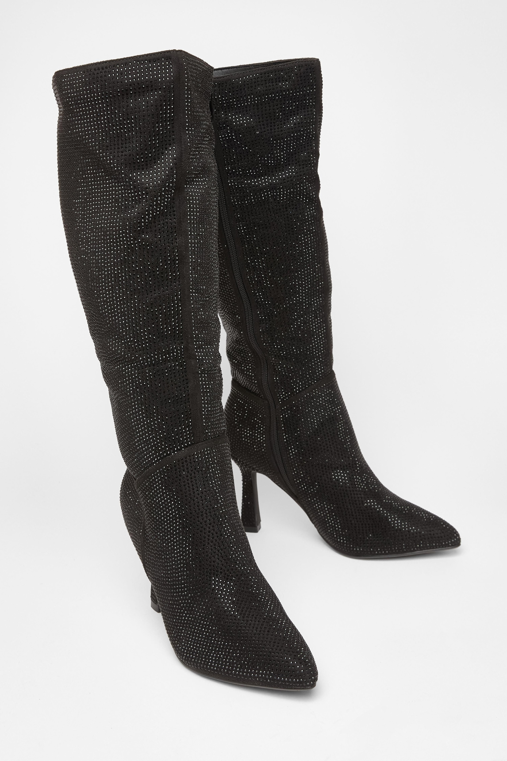 Quiz Black Wide Fit Diamante Knee High Boot image 2