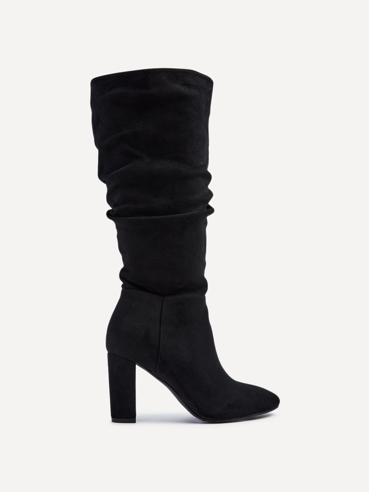 Linzi Aura Black Faux Suede Ruched Knee High Heeled Boot