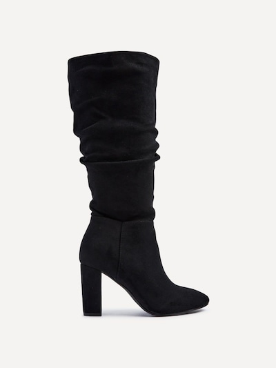 Linzi Aura Black Faux Suede Ruched Knee High Heeled Boot
