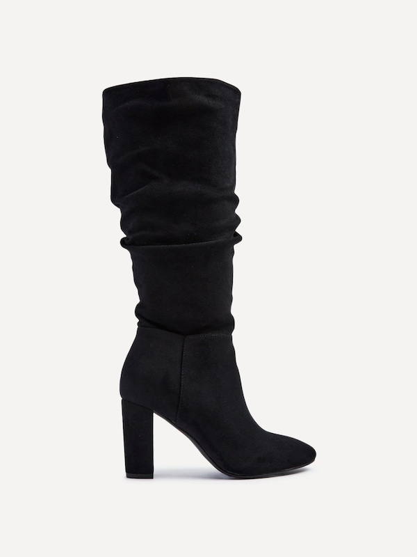 Linzi Aura Black Faux Suede Ruched Knee High Heeled Boot