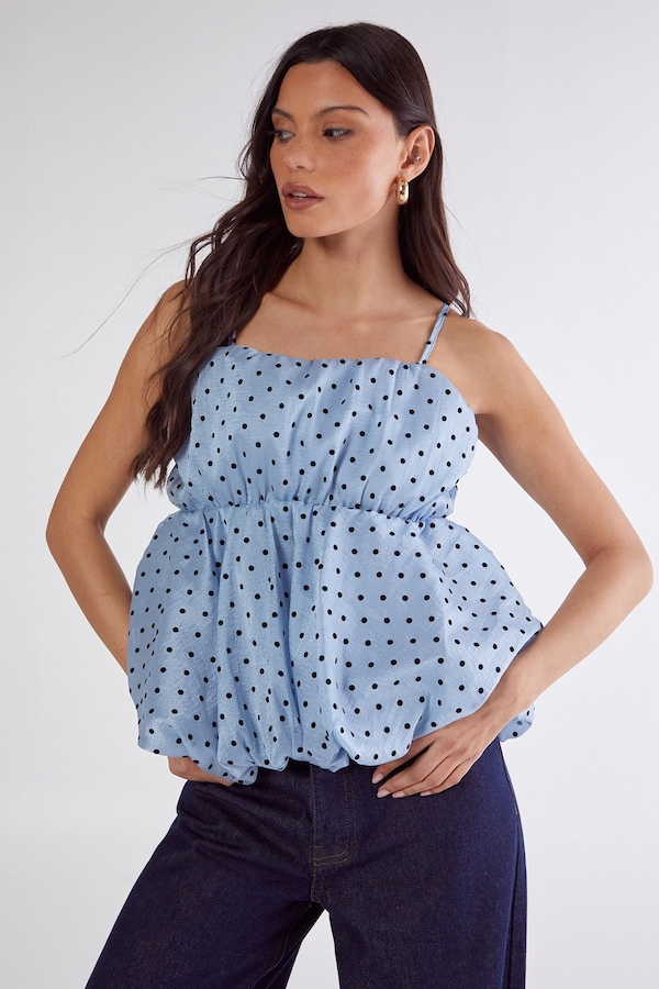 NastyGal Flocked Polka Dot Bubble Hem Longline Cami Top Blue