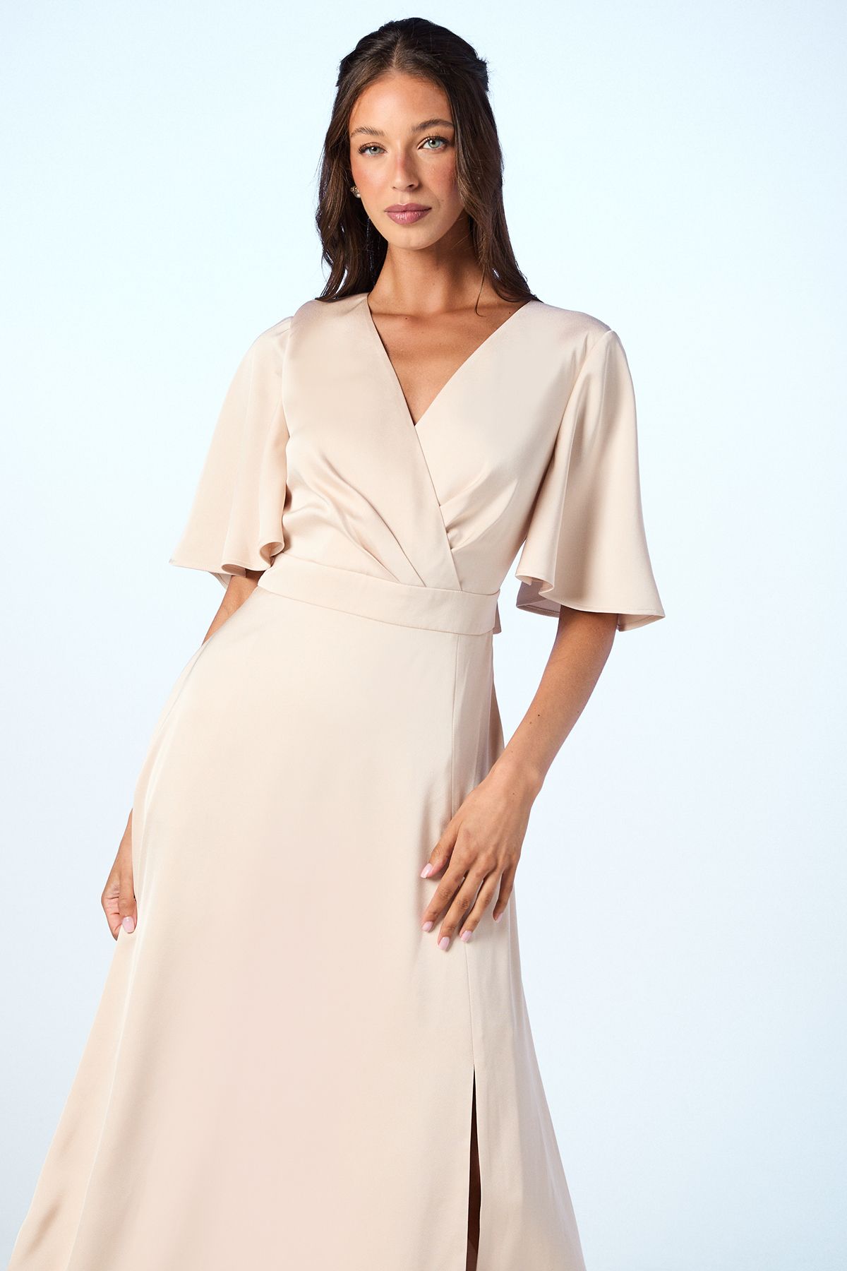 Coast Angel Sleeve Wrap Satin Maxi Bridesmaid Dress Champagne image 2
