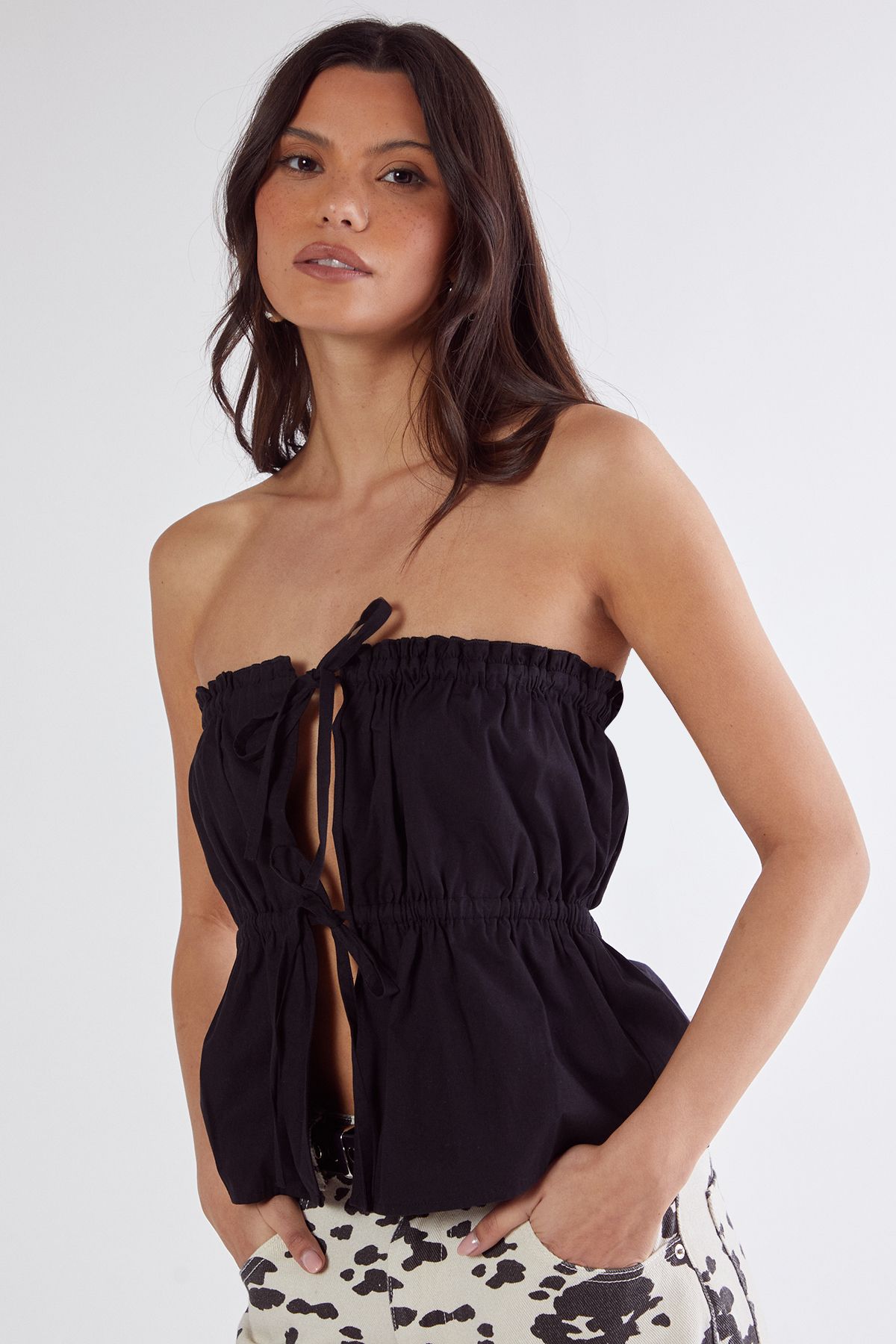 NastyGal Cotton Poplin Bandeau Ruched Tie Front Top Black image 3