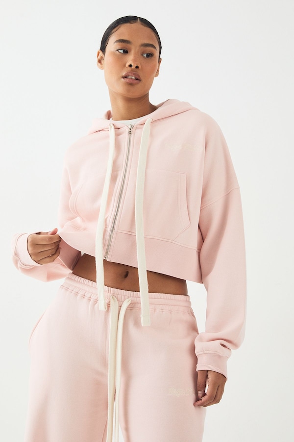 DSGN Studio DSGN Studio Contrast Drawcord Boxy Crop Hoodie Light Pink