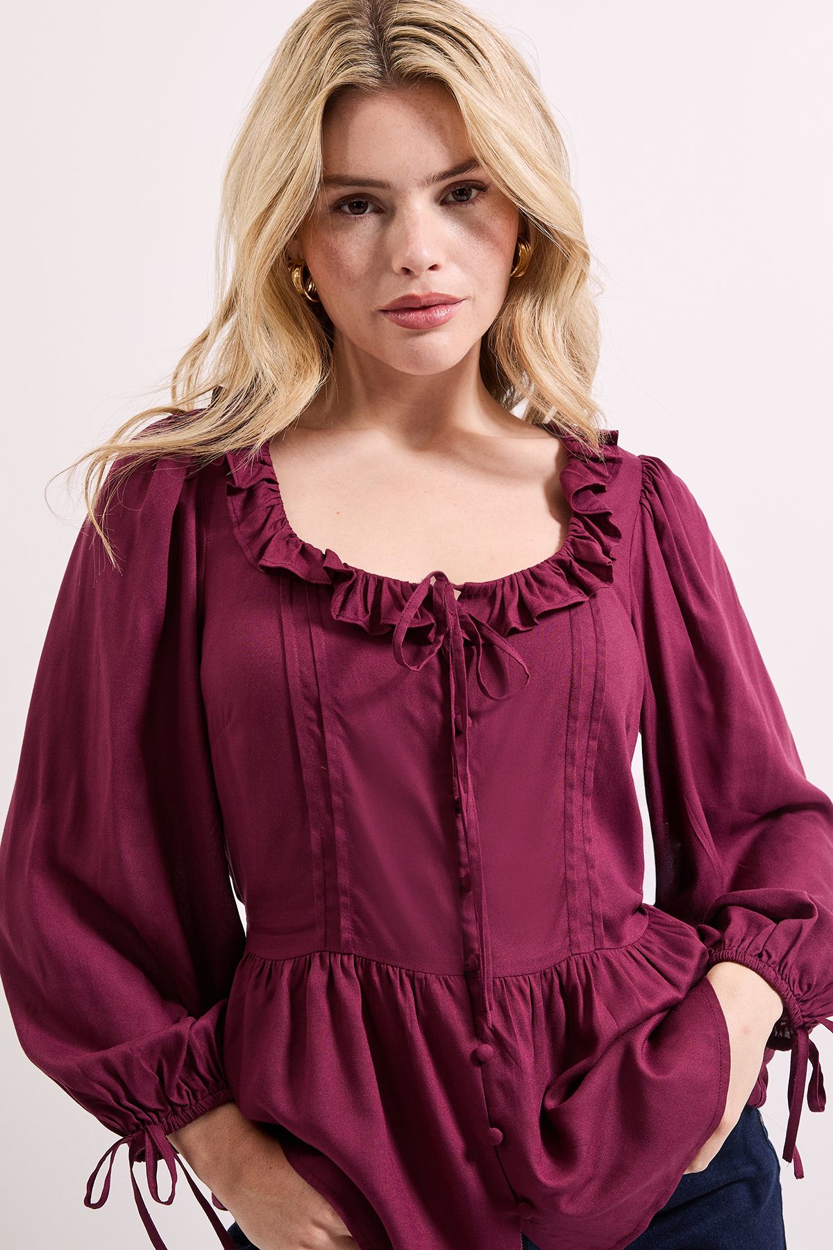 Dorothy Perkins Frill Neckline Button Down Top Plum image 3