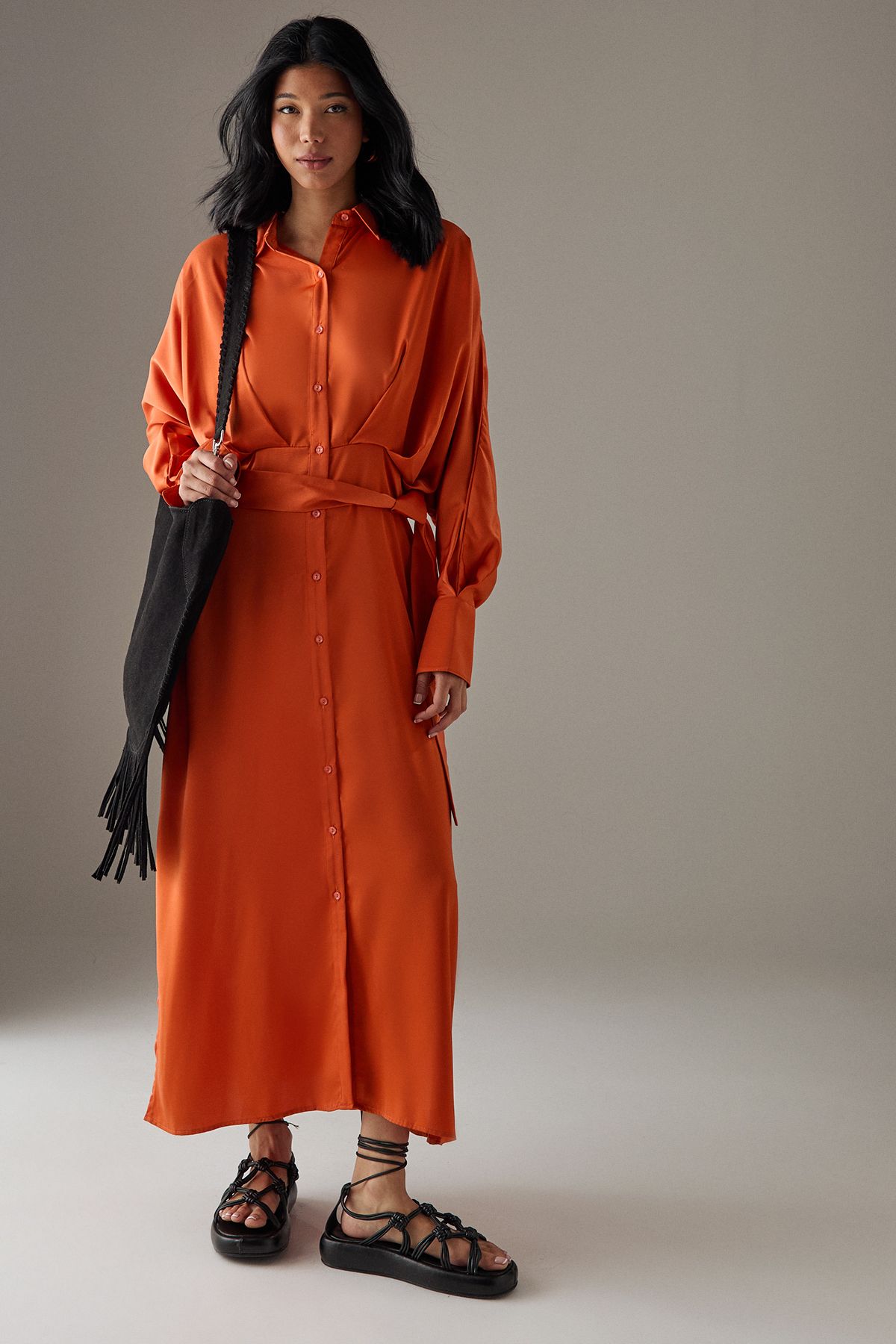 Warehouse Satin Batwing Split Side Midi Shirt Dress Orange image 1