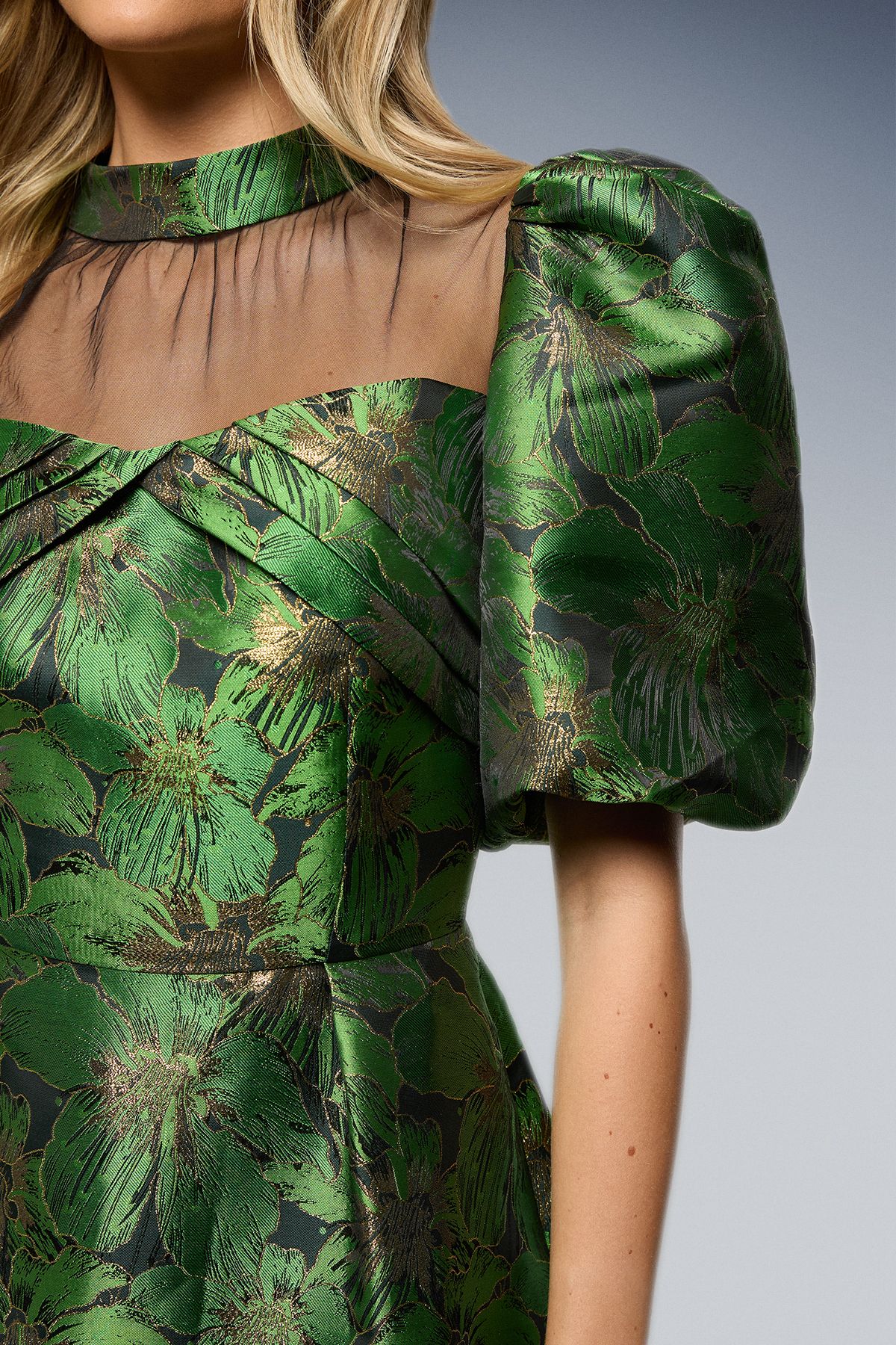 Oasis Jacquard Puff Sleeve High Neck Mini Dress Green image 4