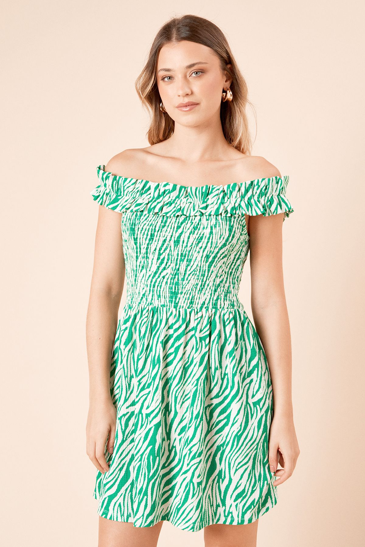 Dorothy Perkins Zebra Shirred Bodice Bardot Jersey Mini Dress Zebra image 2