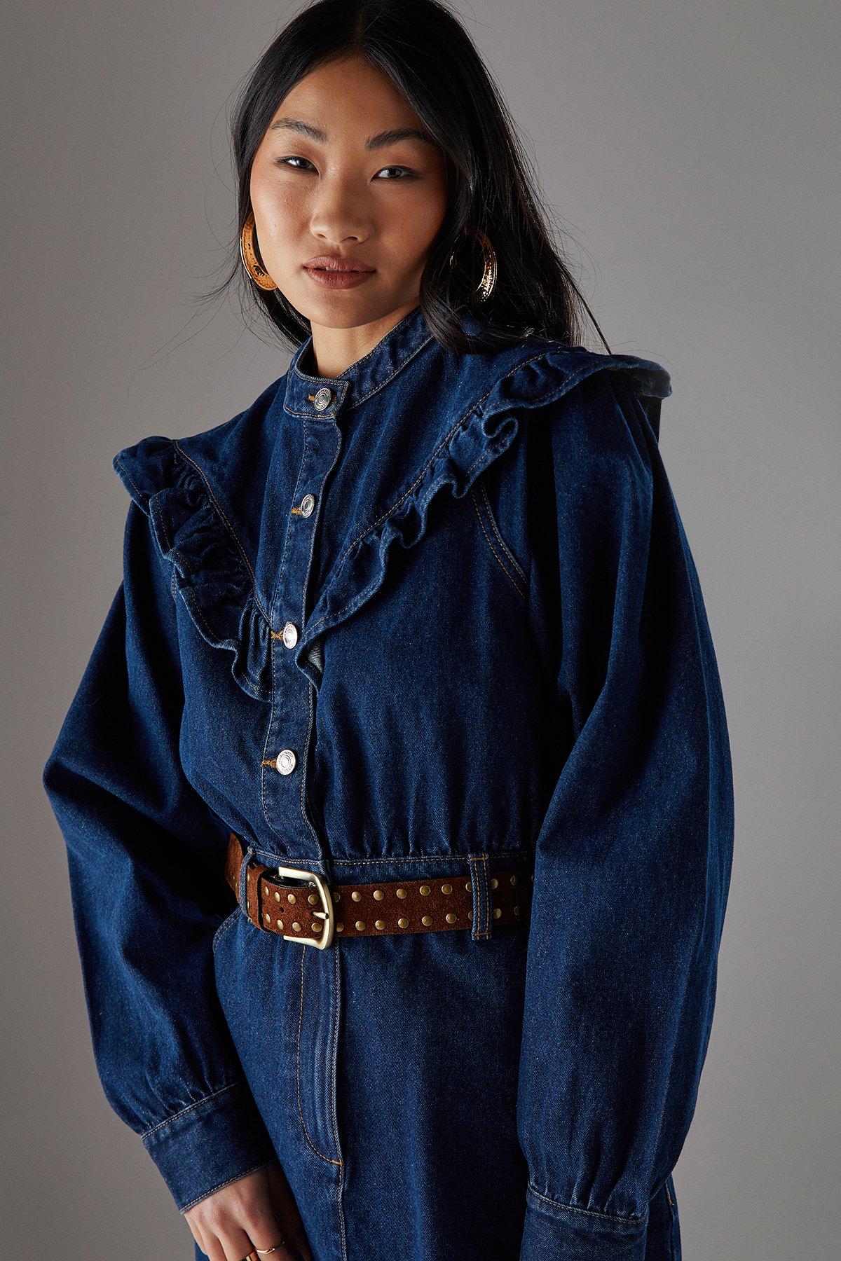 Warehouse Petite Denim Frill Yoke Relaxed Mini Shirt Dress Dark Wash image 3