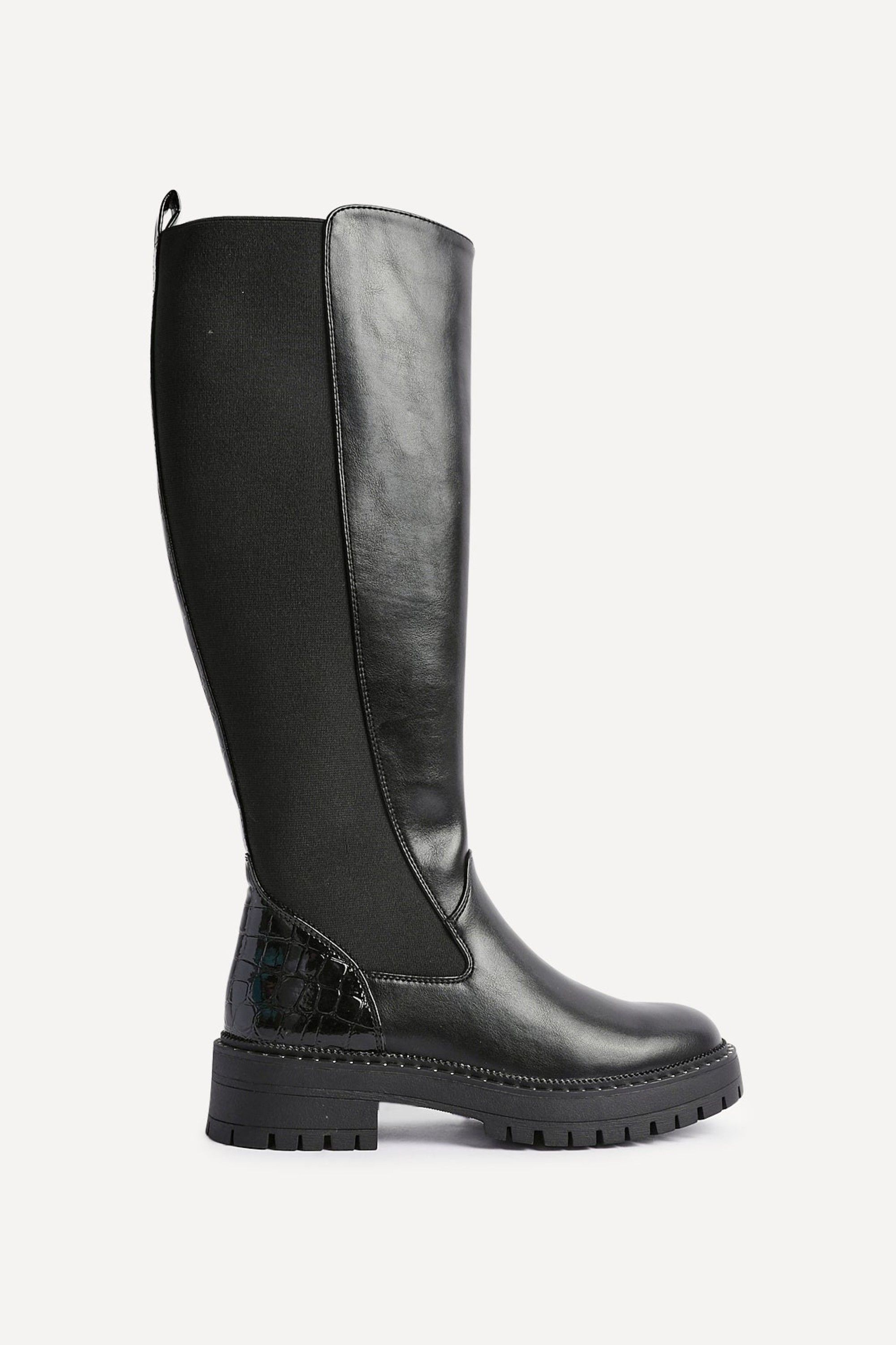 Linzi Swift Black Faux Leather & Croc Knee High Boot