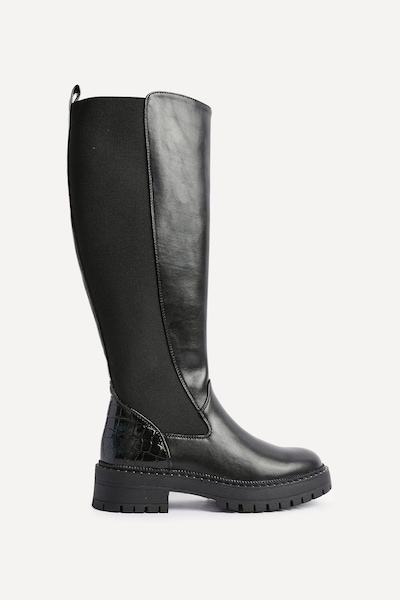 Linzi Swift Black Faux Leather & Croc Knee High Boot