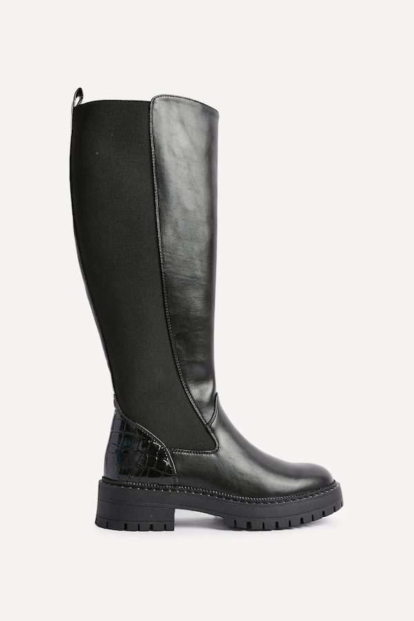 Linzi Swift Black Faux Leather & Croc Knee High Boot