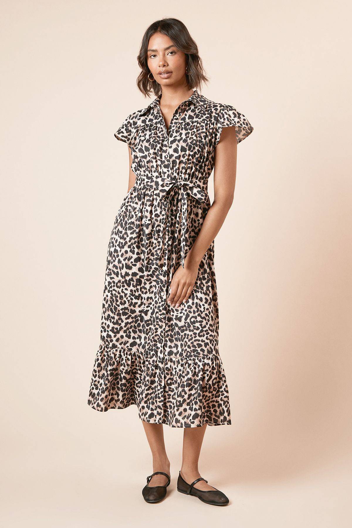 Dorothy Perkins Leopard Frill Sleeve Belted Midi Shirt Dress Leopard image 5