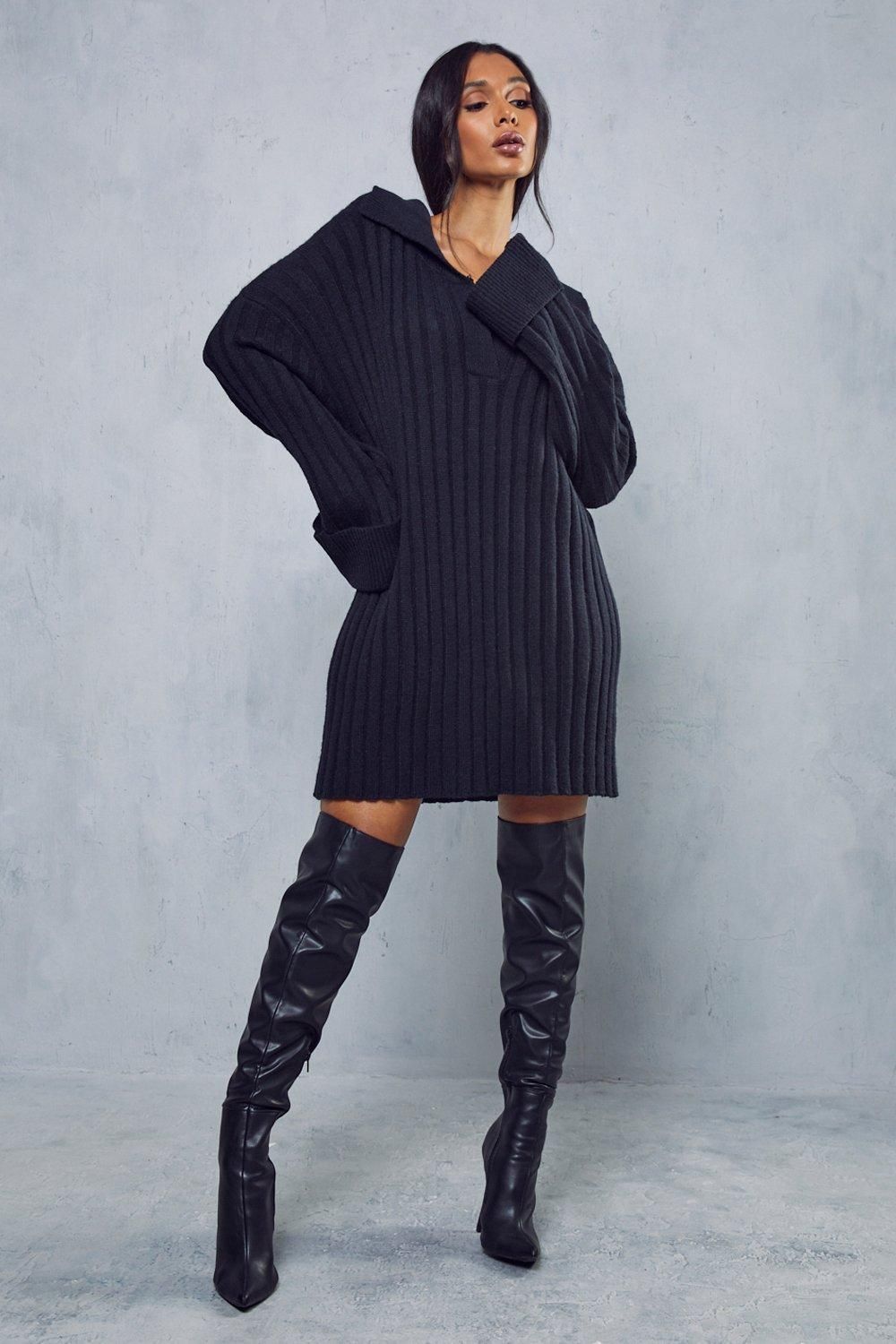 MissPap Rib Knit V Neck Collared Mini Dress Black image 4