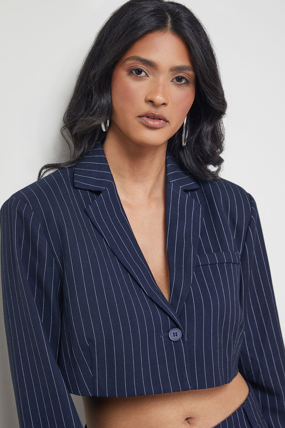 Warehouse Navy Pinstripe Cropped Blazer Co-ord Navy