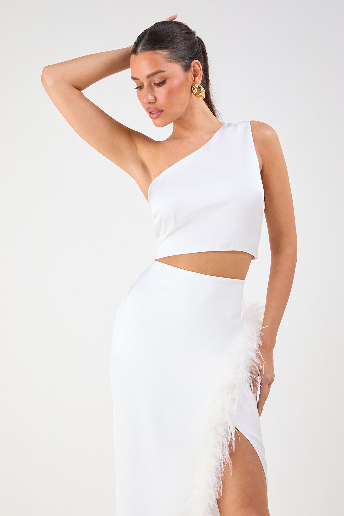 MissPap One Shoulder Top & Faux Feather Skirt Co-ord Ivory image 2