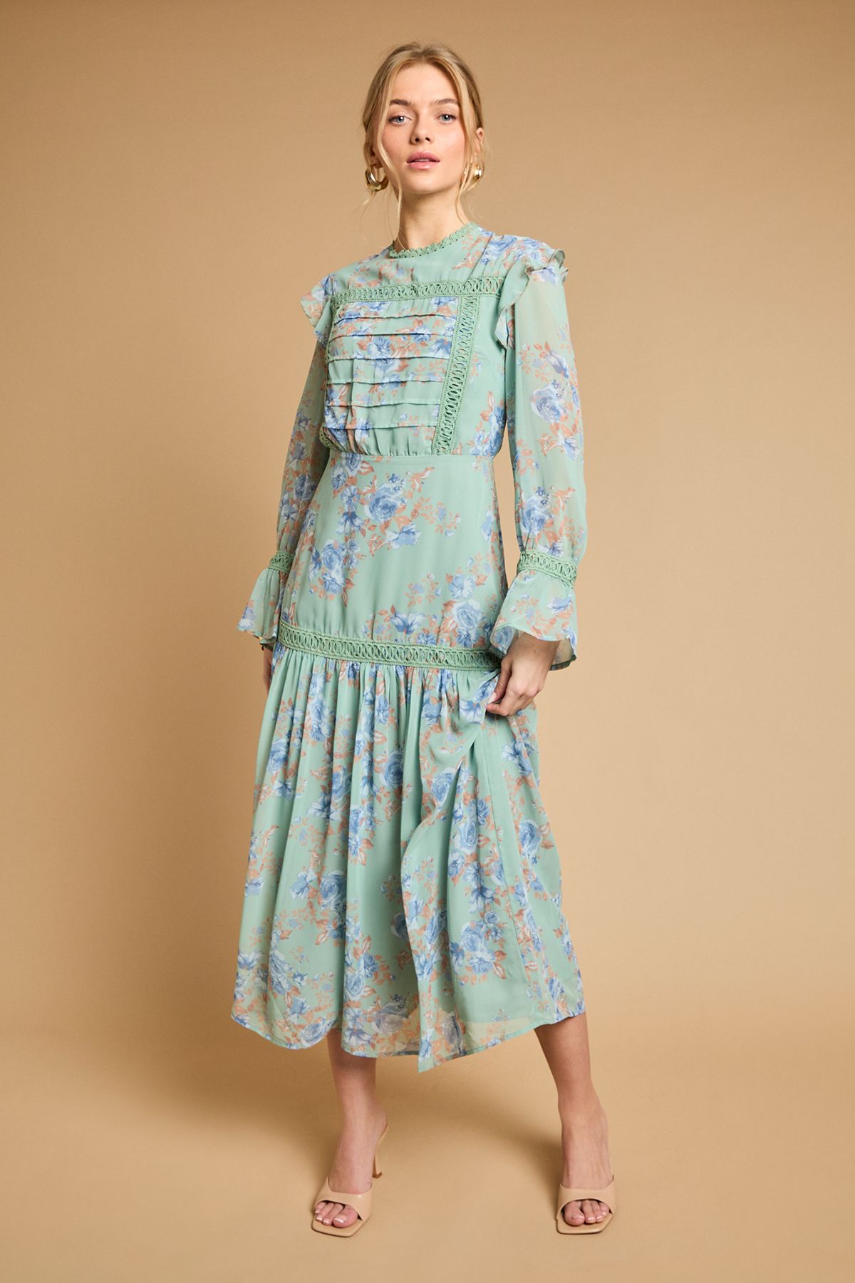 Oasis Pin Tuck Detail Midi Dress Sage