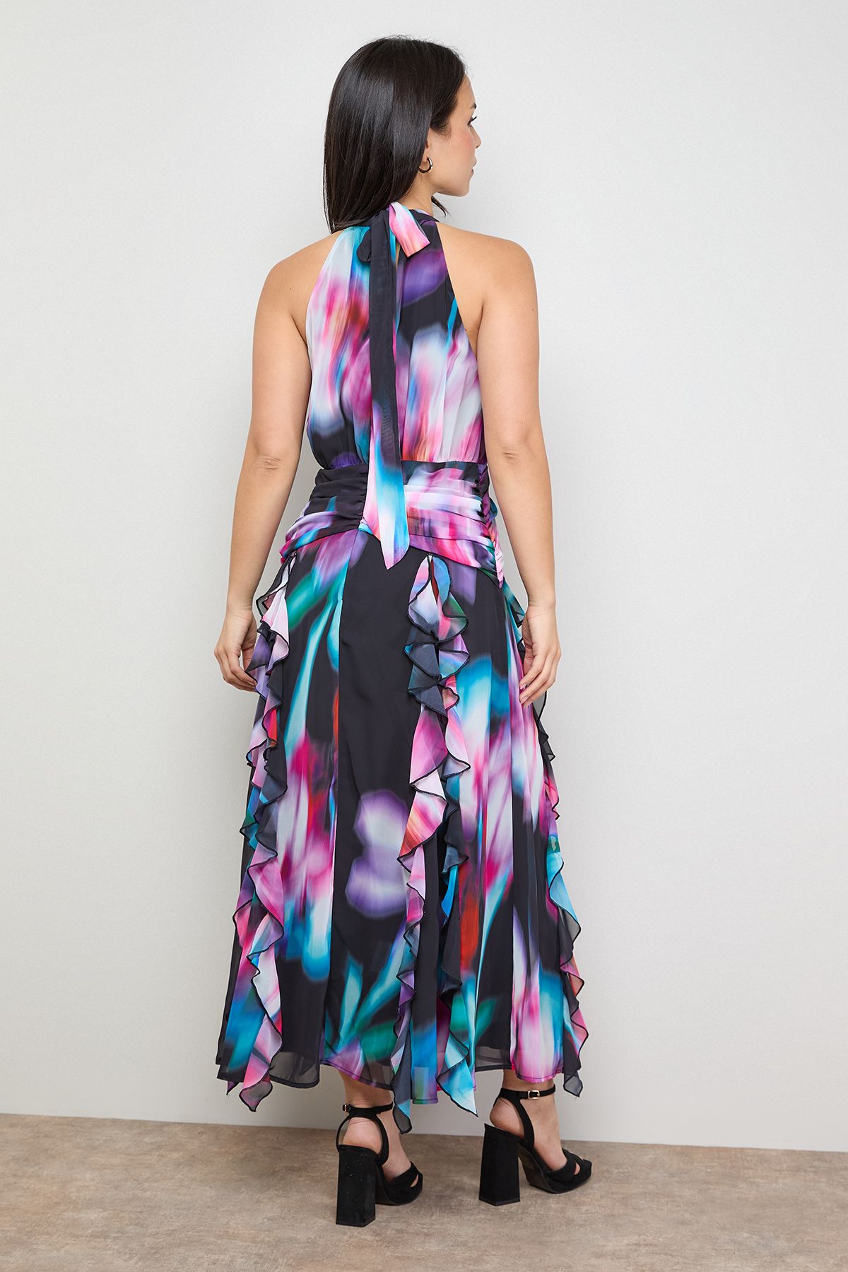 Oasis Petite Printed Ruched Waist Ruffle Front Halterneck Maxi Dress Floral image 3